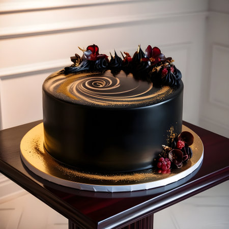 Delicious chocolate cake with berries on the table. 3d renderingの素材