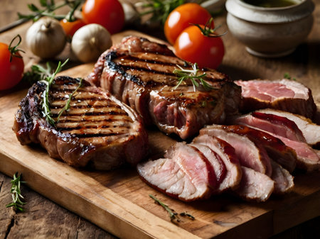 Grilled beef steaks with herbs and spices on wooden cutting boardの素材