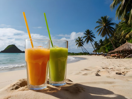 Two glasses of fresh juice on tropical beach with palm trees in backgroundの素材