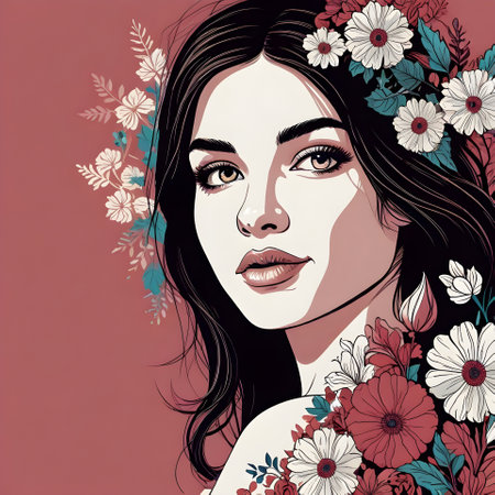 Beautiful woman face with flowers. Vector illustration. Fashion girl.の素材