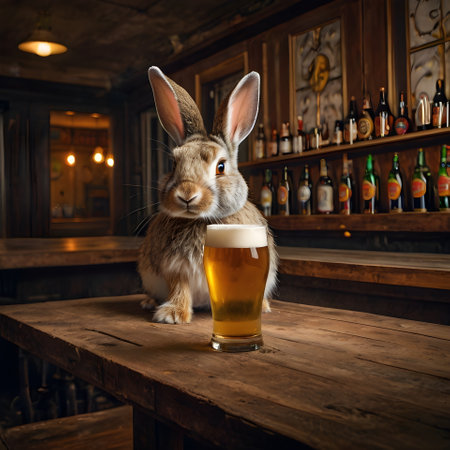Rabbit with a glass of beer on a wooden table in a pubの素材