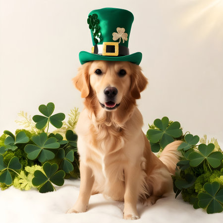 Golden Retriever with leprechaun hat and cloverの素材