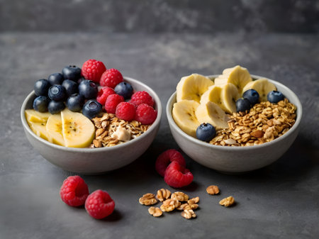 Healthy breakfast bowl with granola, fresh berries and banana on grey backgroundの素材
