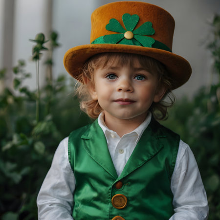 Cute little boy in a leprechaun hat in the gardenの素材