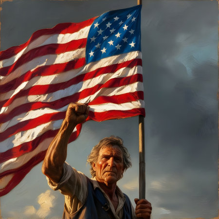 An old man with an American flag in his hand and the flag of the United States.の素材