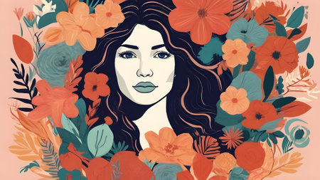 Beautiful woman face with flowers. Vector illustration in vintage style.の素材