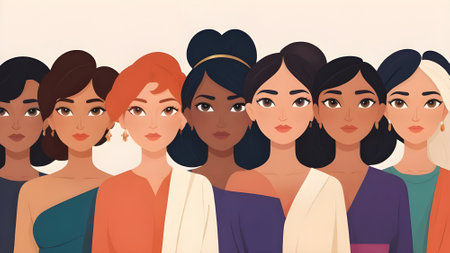 Illustration of diverse women with different skin colors. Vector illustration.の素材
