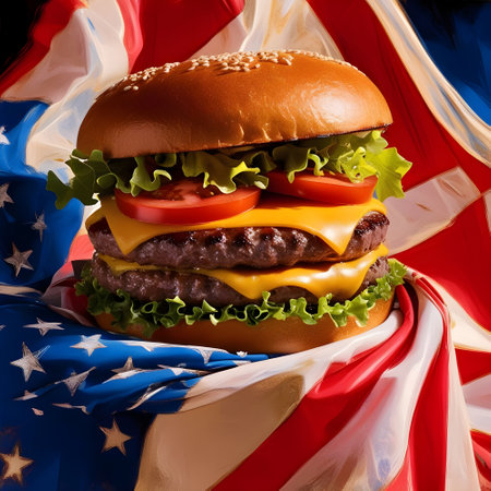 Close-up of hamburger with american flag on background.の素材