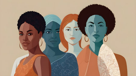Group of African American women with different skin colors. Vector illustration.の素材