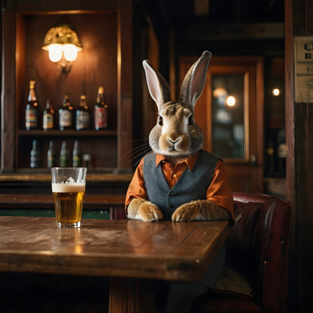 Easter bunny sitting at a table in a pub and drinking beerの素材