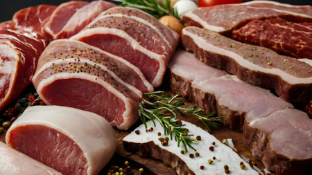 Raw pork meat with spices and herbs on a cutting board. Selective focus.の素材