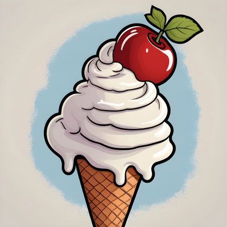 Ice cream in a waffle cone with a cherry. Vector illustration.の素材