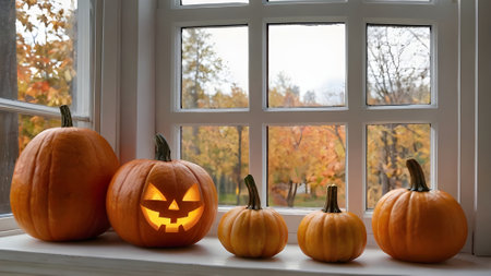 Halloween pumpkins on the windowsill with autumn leaves background.の素材