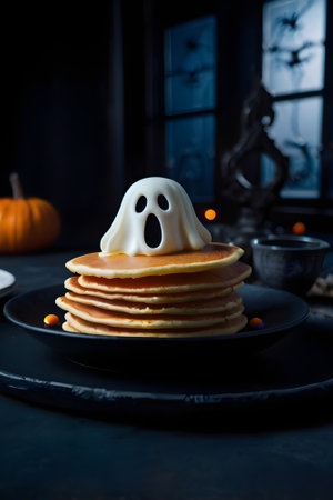 Halloween pumpkin pancake with ghost and halloween candiesの素材