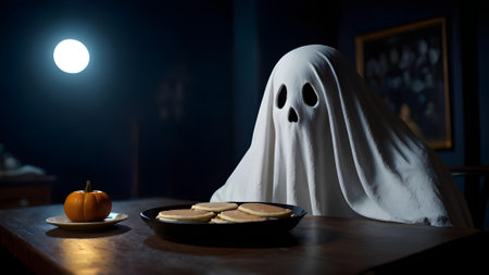 Halloween concept: ghost and pumpkin in the dark room at nightの素材