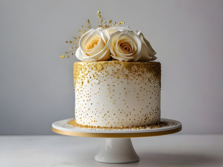 Wedding cake decorated with white roses on a white background.の素材