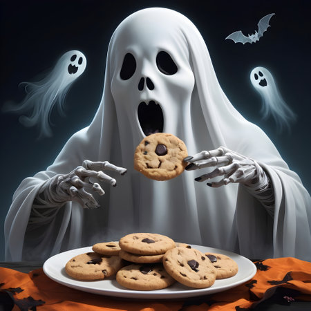 Halloween chocolate chip cookies with ghost on dark background. 3d illustrationの素材
