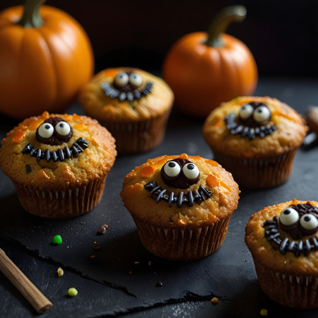 Halloween pumpkin cupcakes with funny faces on dark background, selective focusの素材