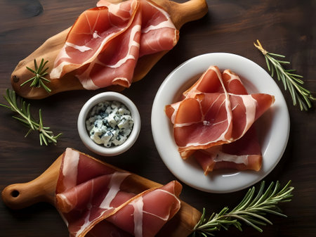 Italian prosciutto crudo or jamon with rosemary on wooden backgroundの素材