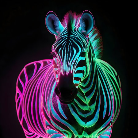 Zebra head with colorful neon lights on black background. 3D renderingの素材