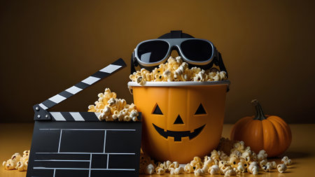 Halloween popcorn bucket with 3D glasses and movie clapper boardの素材