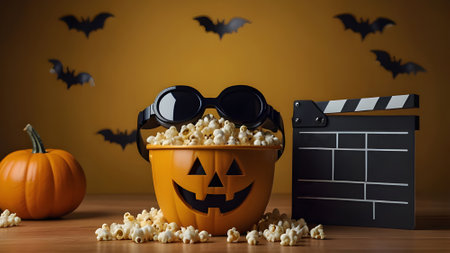 Halloween concept with popcorn in bucket, movie clapper and batsの素材
