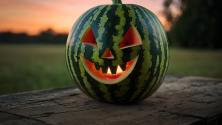 Halloween pumpkin with eyes and mouth carved in watermelon on wooden tableの素材