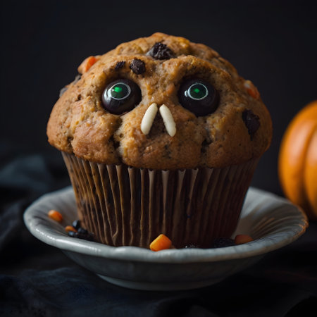 Homemade halloween pumpkin muffins with funny face and eyesの素材