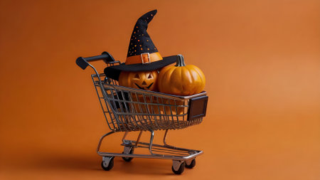 Halloween pumpkin with witch hat in shopping cart on orange background.の素材