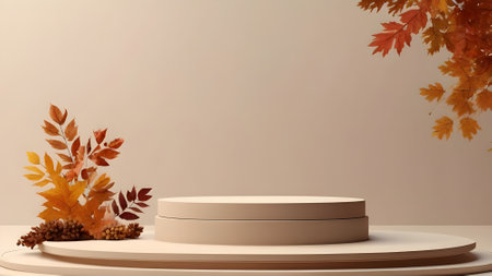 3d render of podium for product display with autumn leaves on backgroundの素材