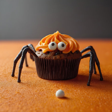 Halloween cupcake with spider and candy on orange background. Selective focus.の素材