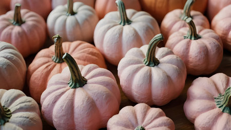 pink and white pumpkins on wooden background, selective focus.の素材