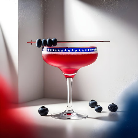 Cocktail with blueberries and USA flag. 3d illustrationの素材