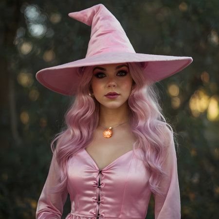 Beautiful girl with pink hair in a pink dress and a hat for Halloweenの素材