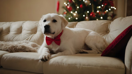 Golden retriever dog with red bowtie on sofa in room decorated for Christmasの素材