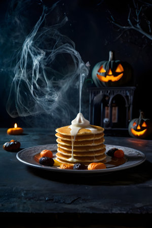 Halloween pumpkin pancakes with maple syrup and candies on dark backgroundの素材