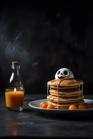 Halloween pumpkin pancakes with kumquat and candle on dark backgroundの素材