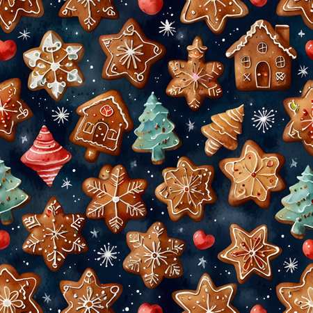 Watercolor christmas seamless pattern with gingerbread cookies on blue backgroundの素材