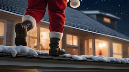 Santa Claus standing on the roof of his house. Christmas and New Year concept.の素材
