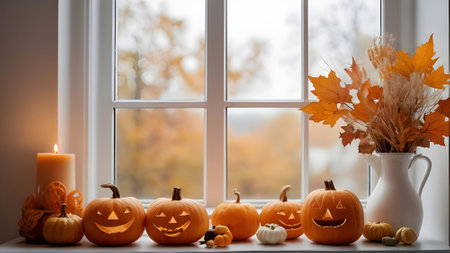 Halloween pumpkins on a windowsill with autumn leaves and candlesの素材