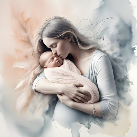 Beautiful mother with her newborn baby. Portrait of a young mother with her newborn baby.の素材