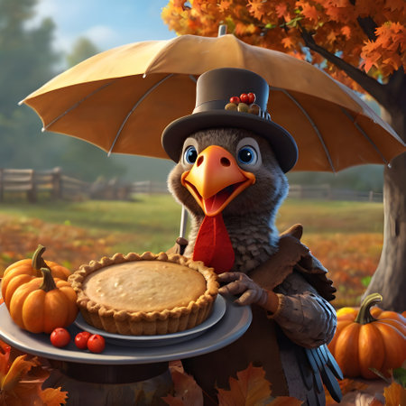 Thanksgiving turkey with pumpkin pie and hat. 3D illustration.の素材