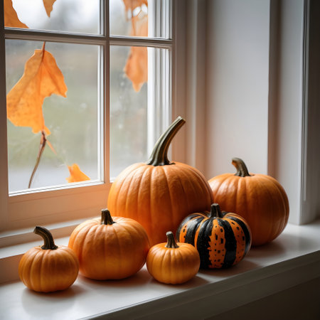 Autumn still life with pumpkins and leaves on the windowsillの素材