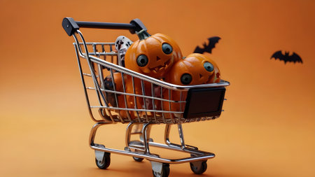 Halloween pumpkins in shopping cart on orange background with copy spaceの素材