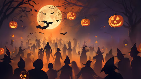 Halloween background with silhouettes of people in costumes and pumpkinsの素材