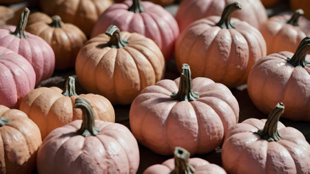Colorful pumpkins on display at the local farmers market in California.の素材