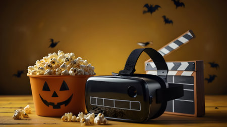 Halloween background with popcorn, 3d glasses and movie clapper boardの素材