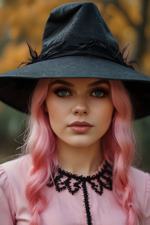 fashion outdoor photo of beautiful girl with pink hair in elegant dress and hat posing in autumn parkの素材