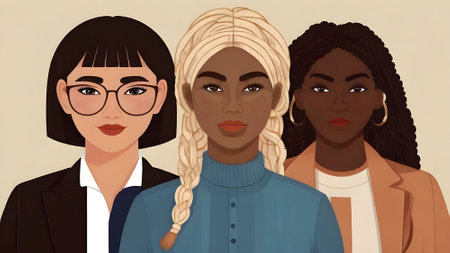 Vector illustration of a group of young women with braids and glassesの素材