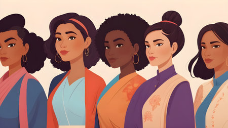 Vector illustration of a group of african american women in traditional clothes.の素材